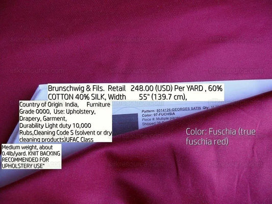 Brunschwig &amp; Fils Georges Satin Silk "fuchsia" Pink Red MSRP USD 470/y
