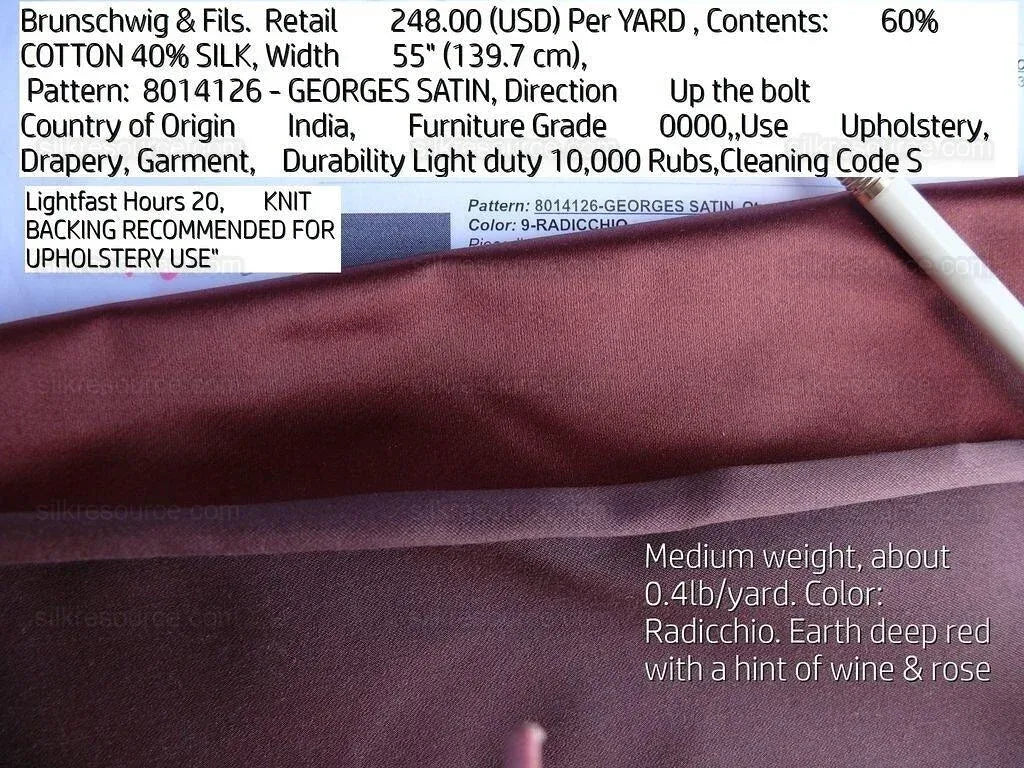 By Yd Brunschwig &amp; Fils Georges Satin Silk "radicchio" Deep Red MSRP USD 470/Y