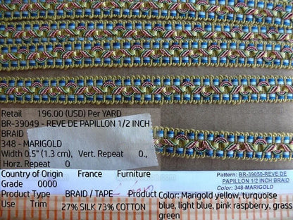 By Yd Brunschwig &amp; Fils Reve De Papillon 1/2 Inch Braid Marigold Peacock Blue Pink Gold Butterfly Bush