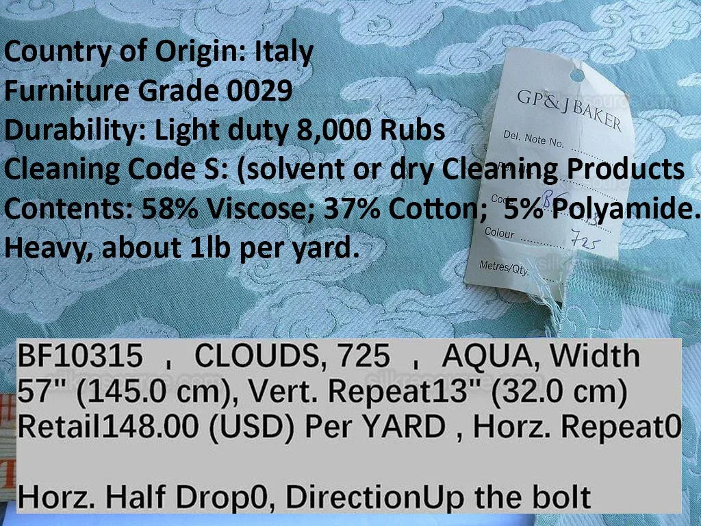 Lee Jofa G P&amp;J Baker Clouds Aqua Blue White Chinoiserie Reversible Damask Cotton MSRP USD 148/y