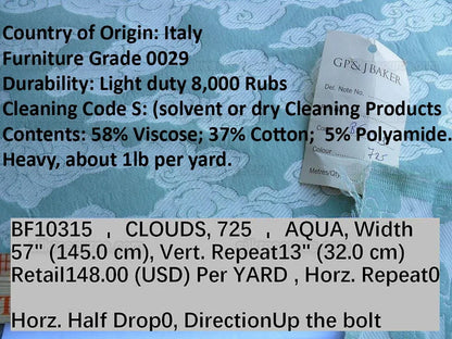Lee Jofa G P&amp;J Baker Clouds Aqua Blue White Chinoiserie Reversible Damask Cotton MSRP USD 148/y