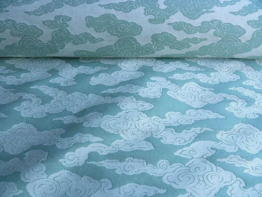 Lee Jofa G P&amp;J Baker Clouds Aqua Blue White Chinoiserie Reversible Damask Cotton MSRP USD 148/y