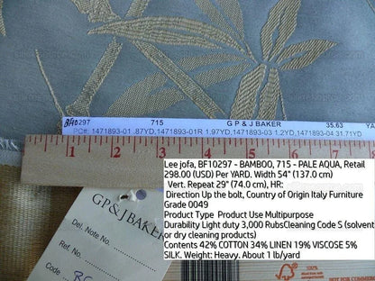 By Yd Lee Jofa Gp&amp;j Baker Bamboo Pale Aqua Blue Chinoiserie Linen Silk Lampas MSRP USD 298/y