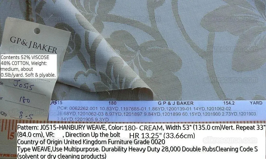 By Yd Lee Jofa G P &amp; J Baker Hanbury Weave Cream White Art Nouveau Cotton MSRP USD 190/y
