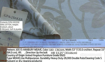 By Yd Lee Jofa G P &amp; J Baker Hanbury Weave Cream White Art Nouveau Cotton MSRP USD 190/y