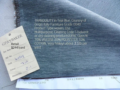2.3y Lee Jofa Gp&amp;j Baker Tranquility Teal Blue Chenille MSRP USD 561/y