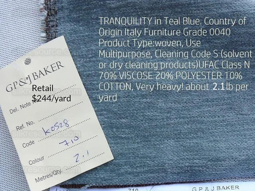 2.3y Lee Jofa Gp&amp;j Baker Tranquility Teal Blue Chenille MSRP USD 561/y