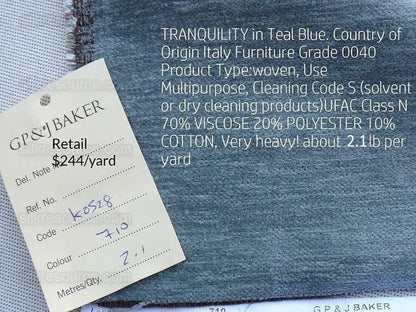 2.3y Lee Jofa Gp&amp;j Baker Tranquility Teal Blue Chenille MSRP USD 561/y