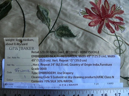 2.52y Lee Jofa Gp&amp;j Baker Honeysuckle Silk Embroidery Red Green