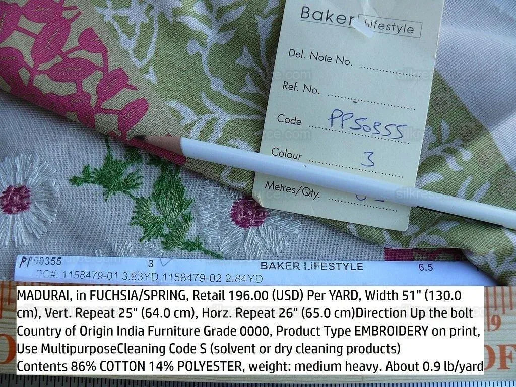 by yard Lee Jofa Baker Lifestyle Madurai Fucshia/spring Pink Green Floral Embroidery Stripe Cotton MSRP US196/y