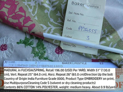 by yard Lee Jofa Baker Lifestyle Madurai Fucshia/spring Pink Green Floral Embroidery Stripe Cotton MSRP US196/y