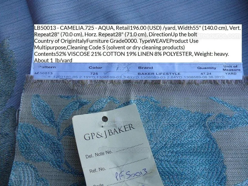 By Yd Lee Jofa Baker Lifestyle Camelia Aqua Blue Brocade Huge Flower Woven MSRP USD 196/y