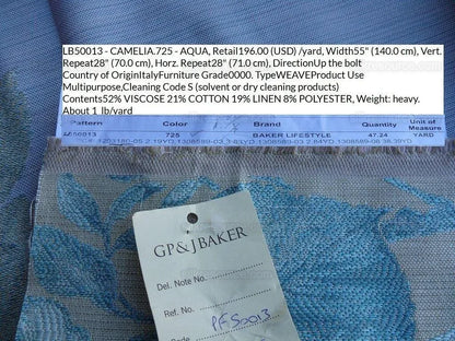By Yd Lee Jofa Baker Lifestyle Camelia Aqua Blue Brocade Huge Flower Woven MSRP USD 196/y