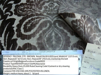 By Yd Lee Jofa Baker Lifestyle Paloma Velvet Brown Rich Chocolate Medallion Cut Velvet MSRP USD 196/y