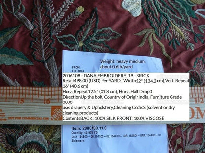 by yard Lee Jofa Dana Embroidery.brick Silk Red Flower Power Tree Of Life MSRP USD 498/y