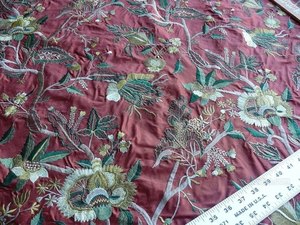 by yard Lee Jofa Dana Embroidery.brick Silk Red Flower Power Tree Of Life MSRP USD 498/y
