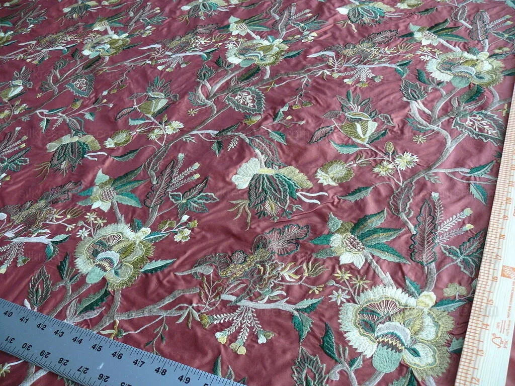 by yard Lee Jofa Dana Embroidery.brick Silk Red Flower Power Tree Of Life MSRP USD 498/y
