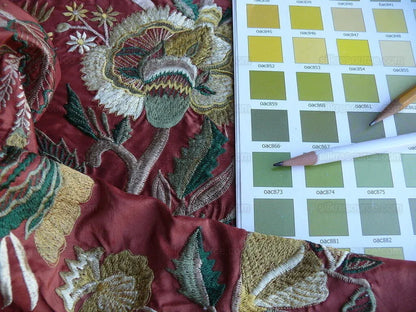 by yard Lee Jofa Dana Embroidery.brick Silk Red Flower Power Tree Of Life MSRP USD 498/y