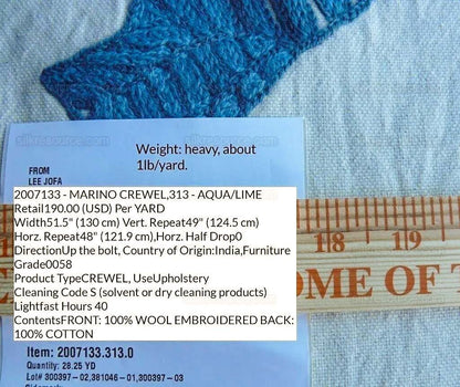 Lee Jofa Marino Crewel Aqua/lime Green Blue Wool on Cotton Seahorse MSRP USD 190/Y