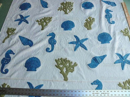 Lee Jofa Marino Crewel Aqua/lime Green Blue Wool on Cotton Seahorse MSRP USD 190/Y