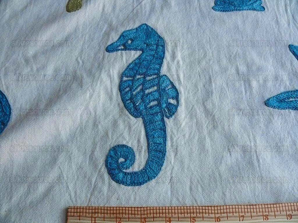 Lee Jofa Marino Crewel Aqua/lime Green Blue Wool on Cotton Seahorse MSRP USD 190/Y