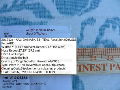 1.5yd Lee Jofa Kali Damask.teal Blue White Bird Flower Linen Cotton Reversible MSRP USD 264/y