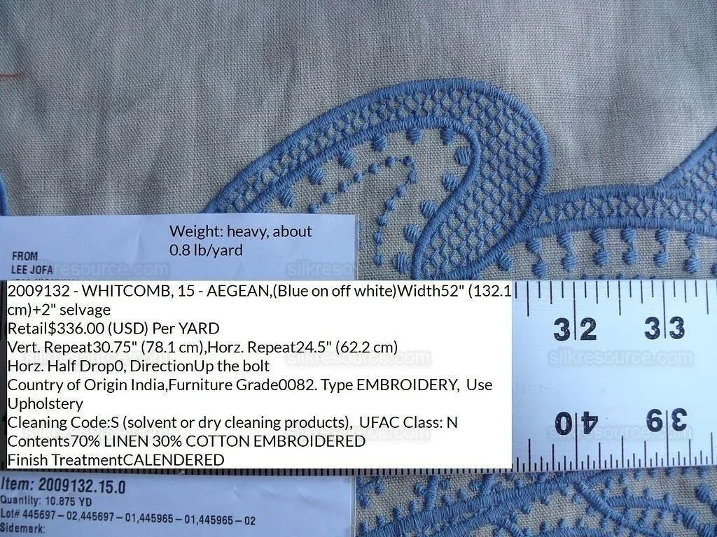 1.38yd Lee Jofa Whitcomb aegean Blue White Embroidery Linen Large Foliage MSRP USD 336Y