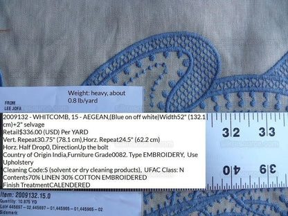 1.38yd Lee Jofa Whitcomb aegean Blue White Embroidery Linen Large Foliage MSRP USD 336Y