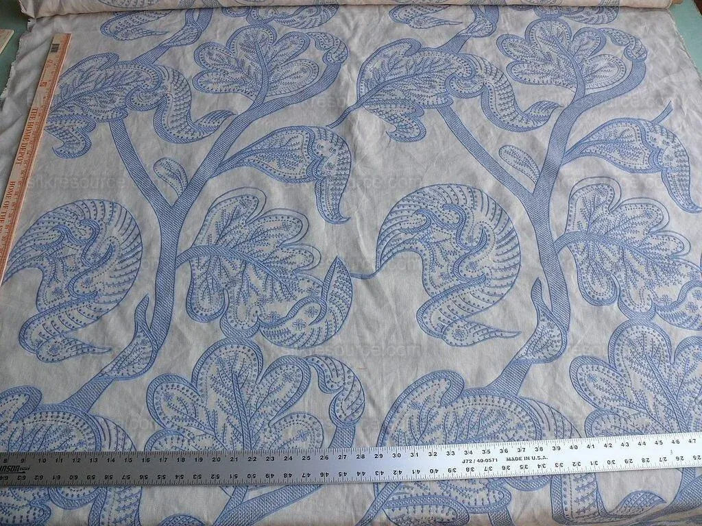 1.38yd Lee Jofa Whitcomb aegean Blue White Embroidery Linen Large Foliage MSRP USD 336Y
