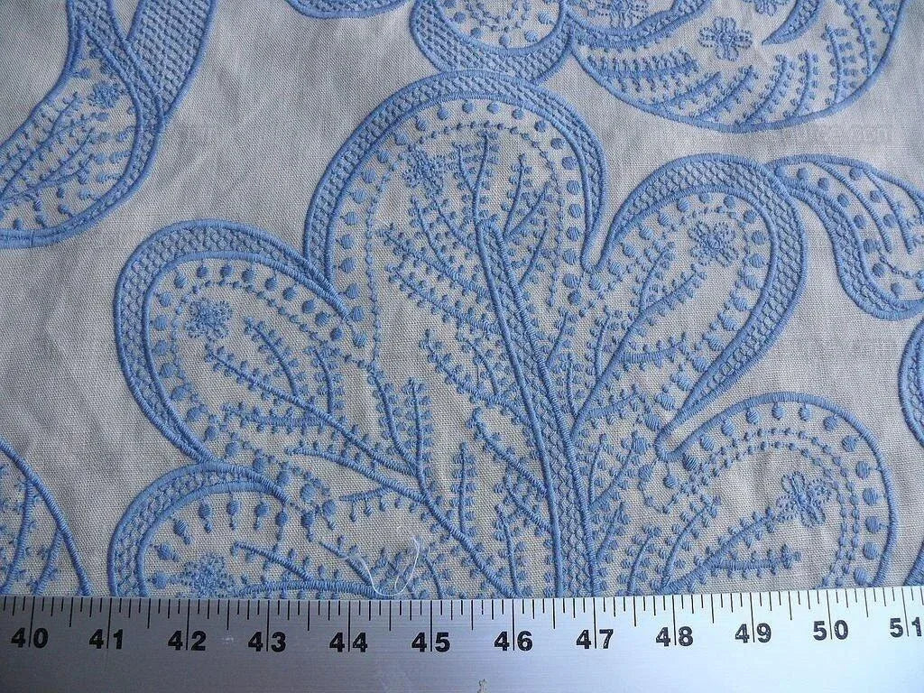 1.38yd Lee Jofa Whitcomb aegean Blue White Embroidery Linen Large Foliage MSRP USD 336Y