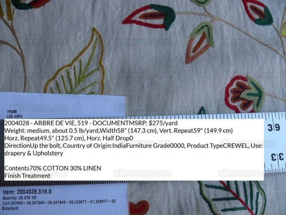 5.5y Lee Jofa Arbre De Vie.document Stunning Crewel Embroidery Tree of Life Linen Museum Quality