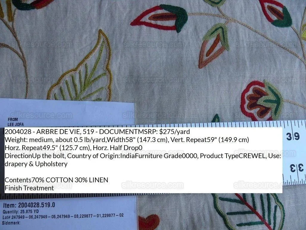 3y Lee Jofa Arbre De Vie.document Stunning Crewel Embroidery Tree of Life Linen Museum Quality