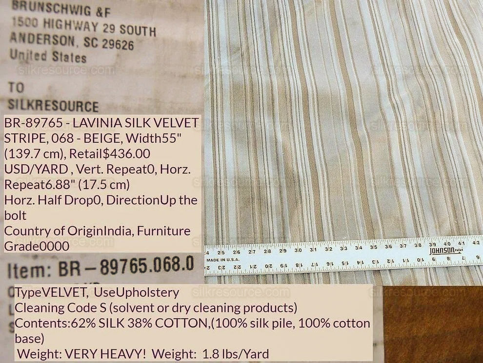 Brunschwig & Fils Lavinia Silk Velvet Cut Velvet Stripe Beige Cream White Tan Birch Very Heavy MSRP USD 436/Yard