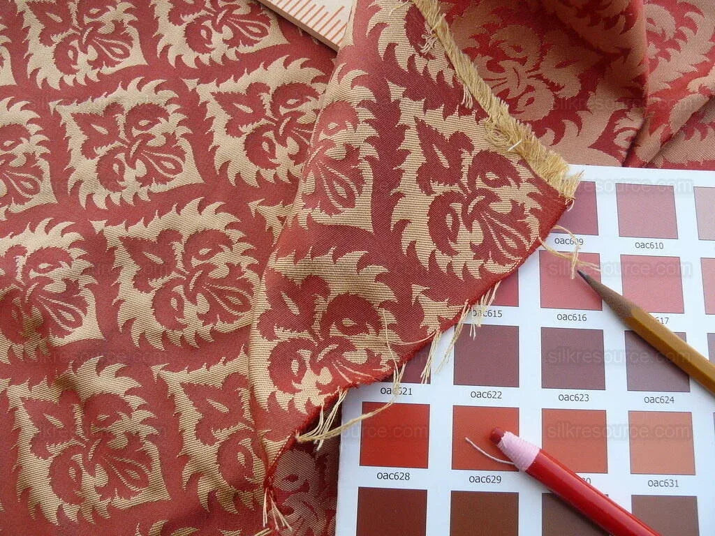 Kravet Red &amp; Gold Small Medallion Crest Silk Damask Reversible MSRP USD 159/Y