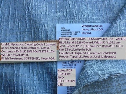 By Yard Kravet Couture Sensory Silk Wool Vapour Blue Icy Texture MSRP USD 396