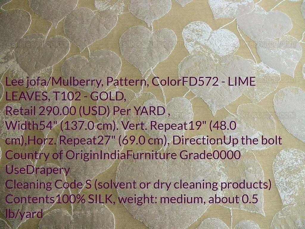 Lee Jofa Mulberry Home Lime Leaves Gold Silk Brocade MSRP USD 290/Y