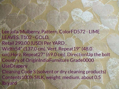 Lee Jofa Mulberry Home Lime Leaves Gold Silk Brocade MSRP USD 290/Y