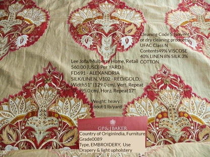 Lee Jofa Alexandria Silk Linen Embroidery Velvet Applique Museum Quality Red Gold Copper MSRP$560/y
