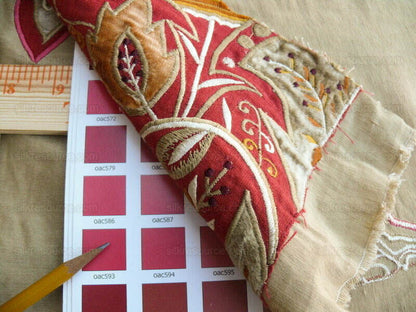 Lee Jofa Alexandria Silk Linen Embroidery Velvet Applique Museum Quality Red Gold Copper MSRP$560/y