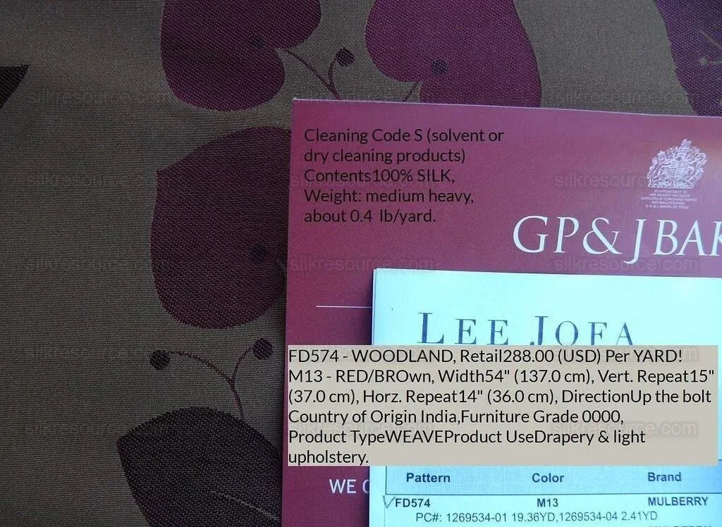 By Yd Lee Jofa Mulberry Home Woodland Red Brown Silk Lampas Foliage forest Birch Oak Elm William Morris MSRP USD 288/y