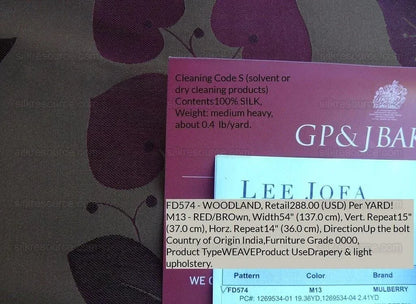 By Yd Lee Jofa Mulberry Home Woodland Red Brown Silk Lampas Foliage forest Birch Oak Elm William Morris MSRP USD 288/y