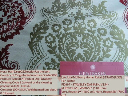 by yard Lee Jofa Mulberry Home Staveley Damask Ruby Olive Green Red White Floral Stripe MSRP USD 196/y