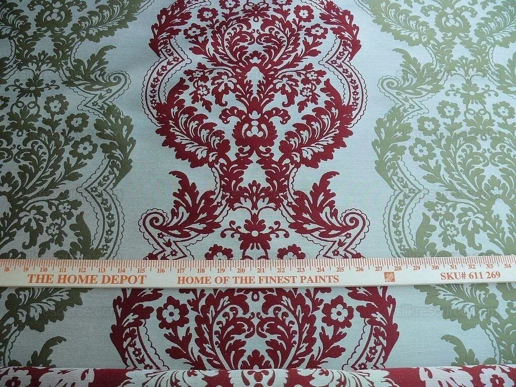 by yard Lee Jofa Mulberry Home Staveley Damask Ruby Olive Green Red White Floral Stripe MSRP USD 196/y
