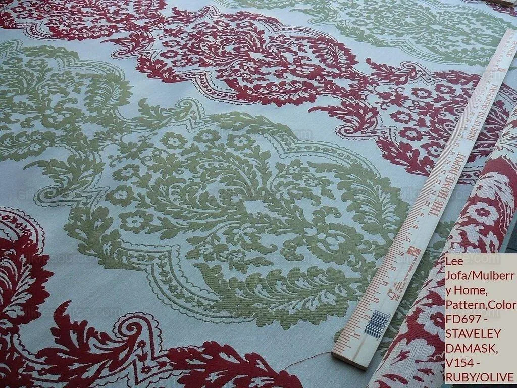 by yard Lee Jofa Mulberry Home Staveley Damask Ruby Olive Green Red White Floral Stripe MSRP USD 196/y