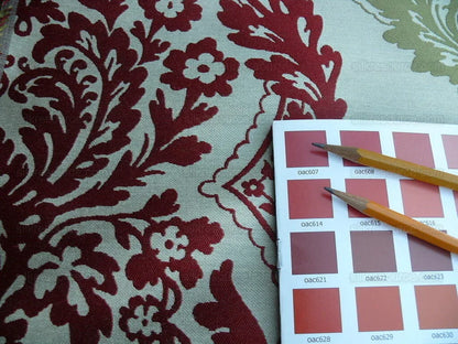 by yard Lee Jofa Mulberry Home Staveley Damask Ruby Olive Green Red White Floral Stripe MSRP USD 196/y