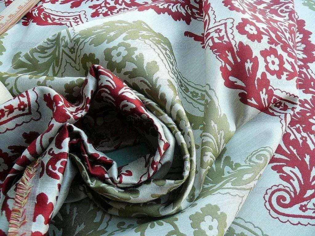 by yard Lee Jofa Mulberry Home Staveley Damask Ruby Olive Green Red White Floral Stripe MSRP USD 196/y
