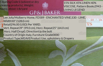 By Yard Lee Jofa Mulberry Home Enchanted Vine Lime Green MSRP USD 296/y