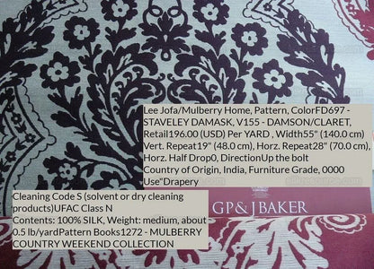 Lee Jofa Mulberry Home Staveley Damask Damson Claret Purple MSRP USD 196/y