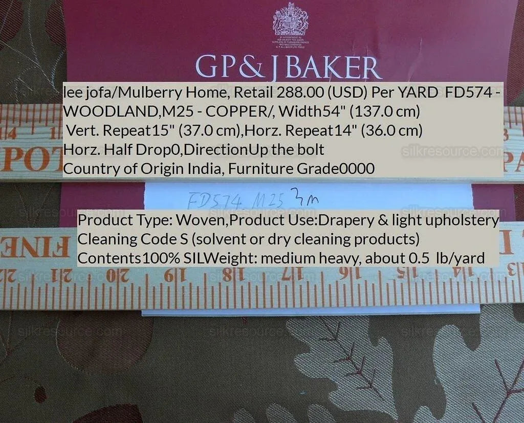 By Yd Lee Jofa Mulberry Home Woodland Copper Brown Red White Silk Lampas Foliage forest Birch Oak Elm William Morris MSRP USD 288/y