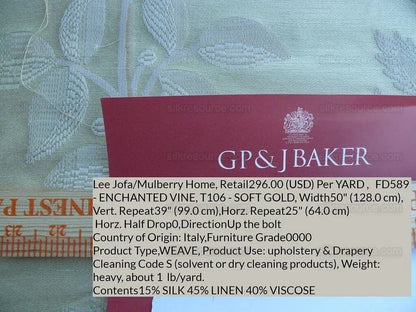 Lee Jofa Mulberry Home Enchanted Vine Soft Gold Pale Green Silk Lampas MSRP USD 296/y